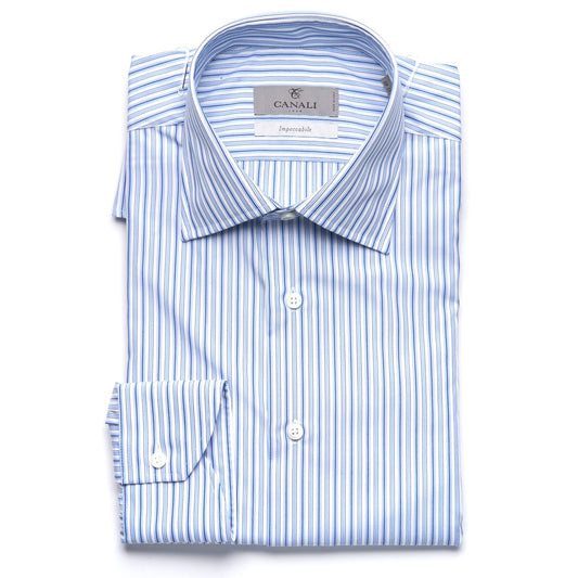 Canali Impeccabile Cotton Modern Fit Dress Shirt in White with Blue Stripes