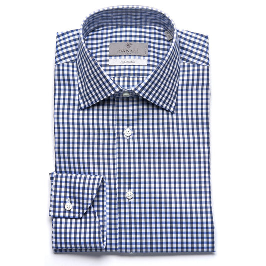 Canali Impeccabile Cotton Twill Modern Fit Dress Shirt in Blue Mini Check