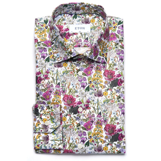 Eton Cotton Sport Shirt in White with Colorful Floral Print