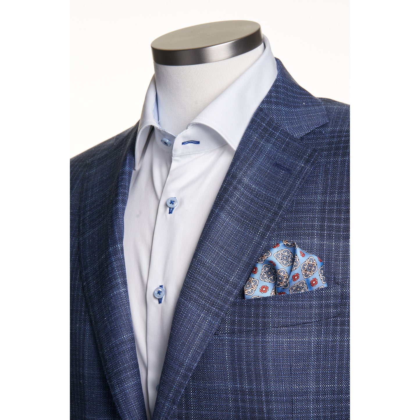 Canali Wool, Silk, and Linen Blend Sport Coat in Mid Blue Overcheck Pattern