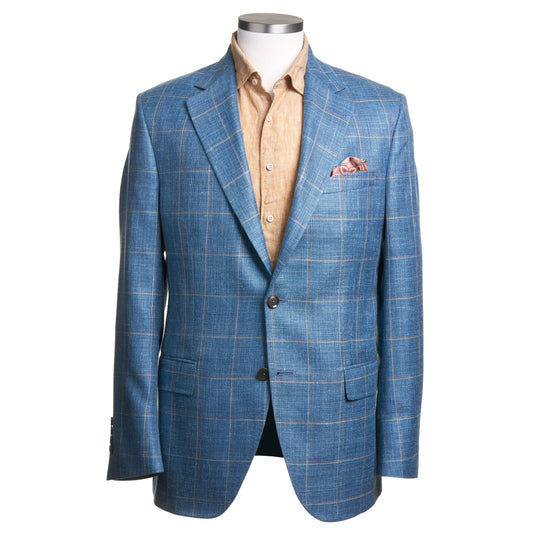 Uomo Sport Coat in 100% Wool with Soft-Shoulder in Teal Windowpane
