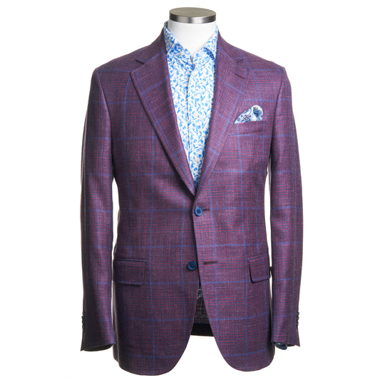 Uomo Sport Coat in Wool, Silk, & Linen in Raspberry Windowpane