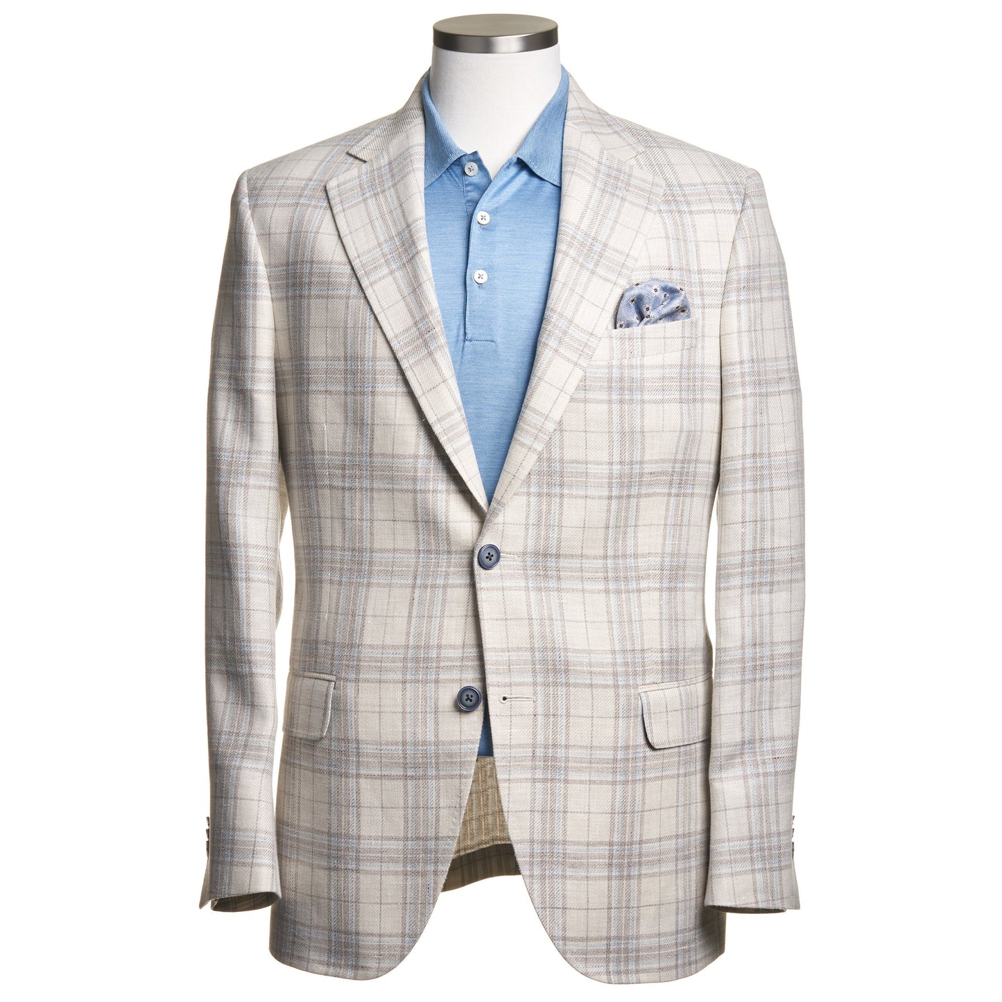 Uomo Wool-Linen Blend, Soft-Shoulder Sport Coat in Off White and Light Blue Plaid