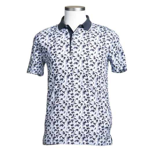 Montechiaro Short Sleeve Button Polo in White and Blue Floral Print