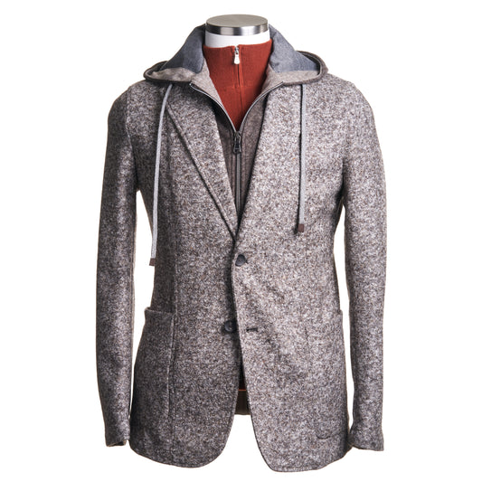 Fradi Tweed Wool & Cotton Flannel Jersey jacket with detachable hood in Mocha