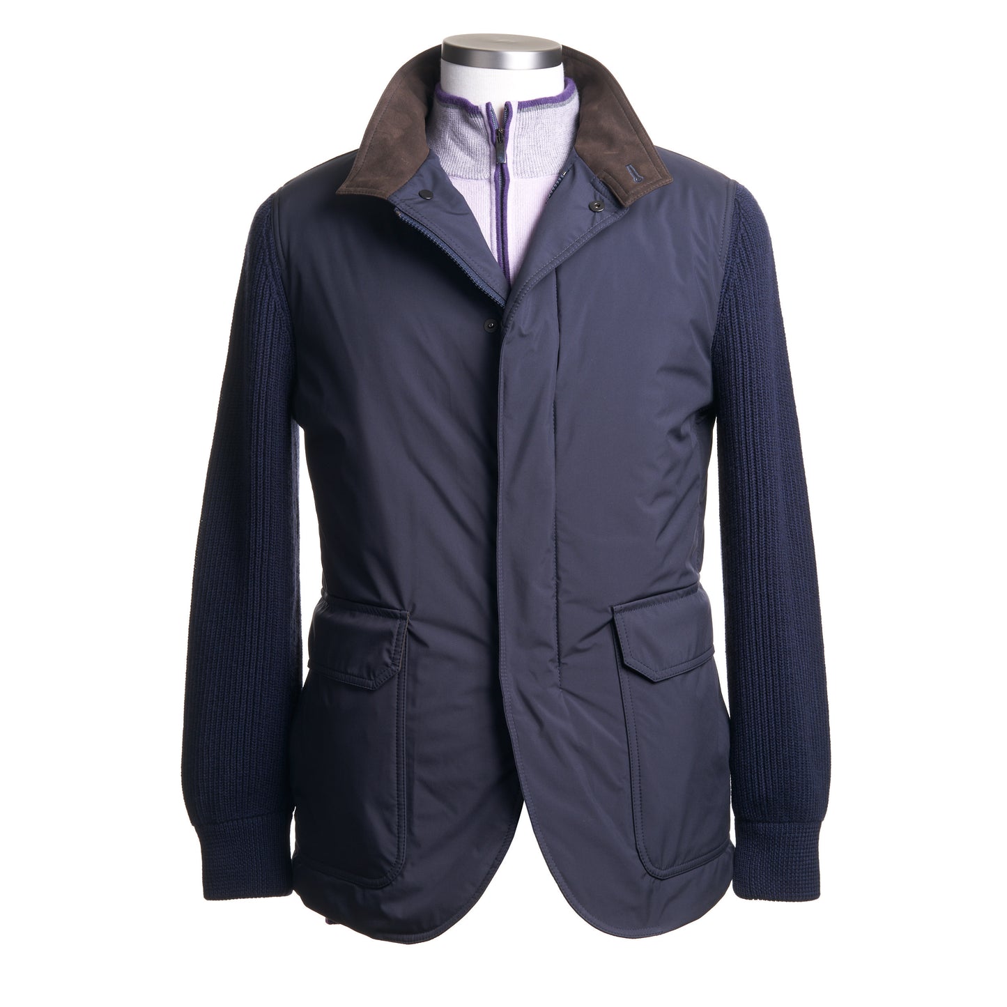 Waterville Nylon Outerwear with Wool Knit Sleeve in Navy.