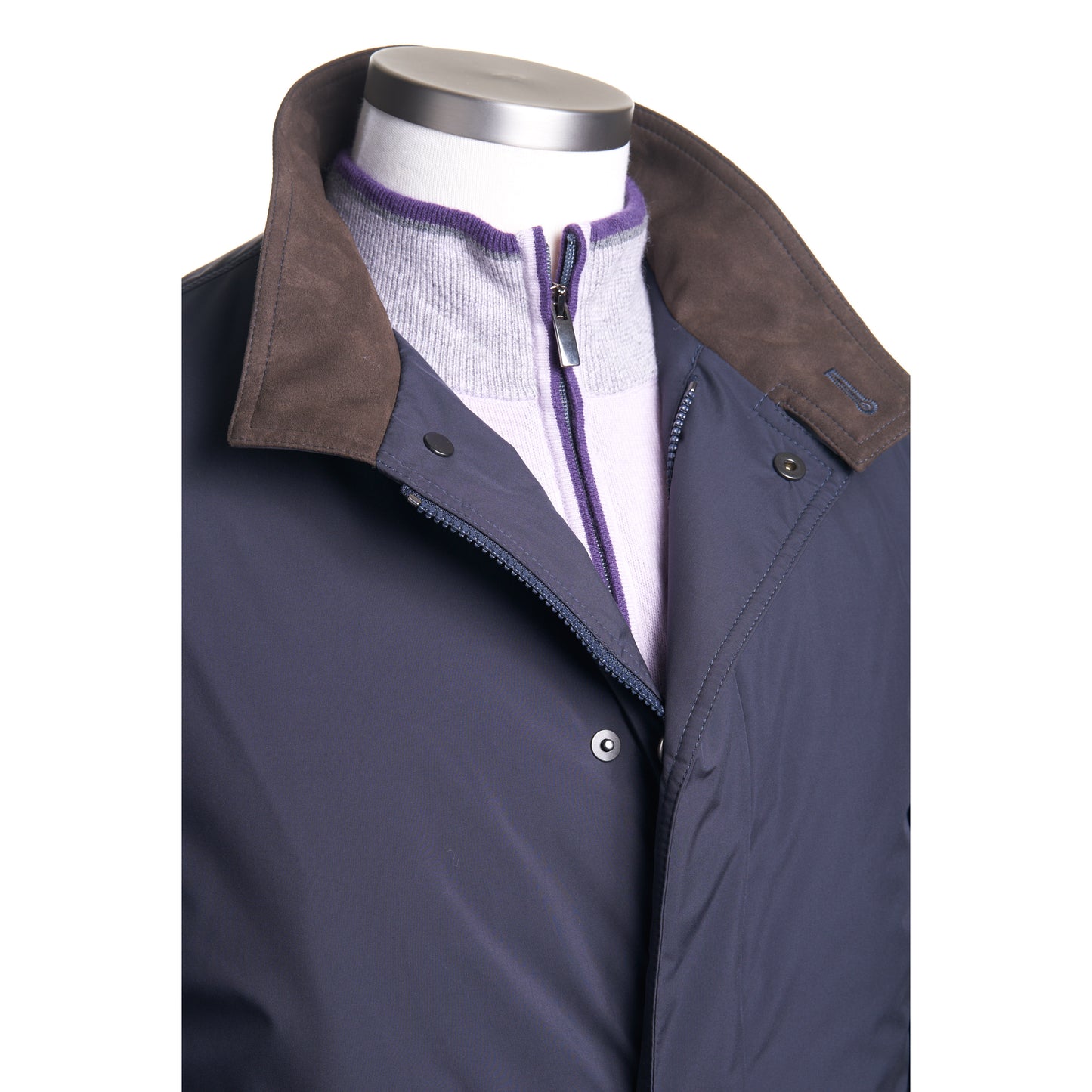 Waterville Nylon Outerwear with Wool Knit Sleeve in Navy.