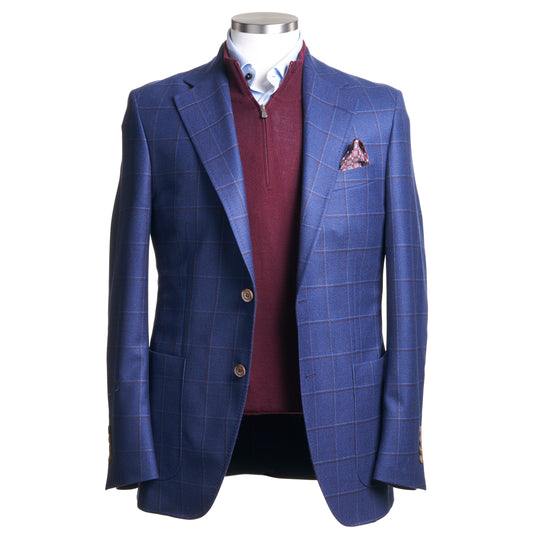 Uomo Wool Sport Coat in Royal Blue & Maroon Plaid