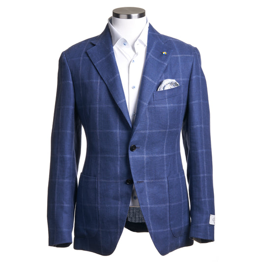 Belvest Sport Coat in Wool Silk & Linen -Blue Plaid