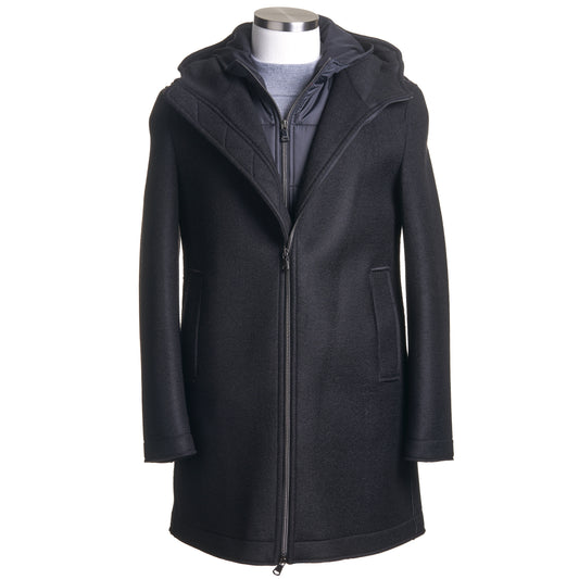 Fradi Wool Parka with Removable Hoodie and Chest-Piece in Black