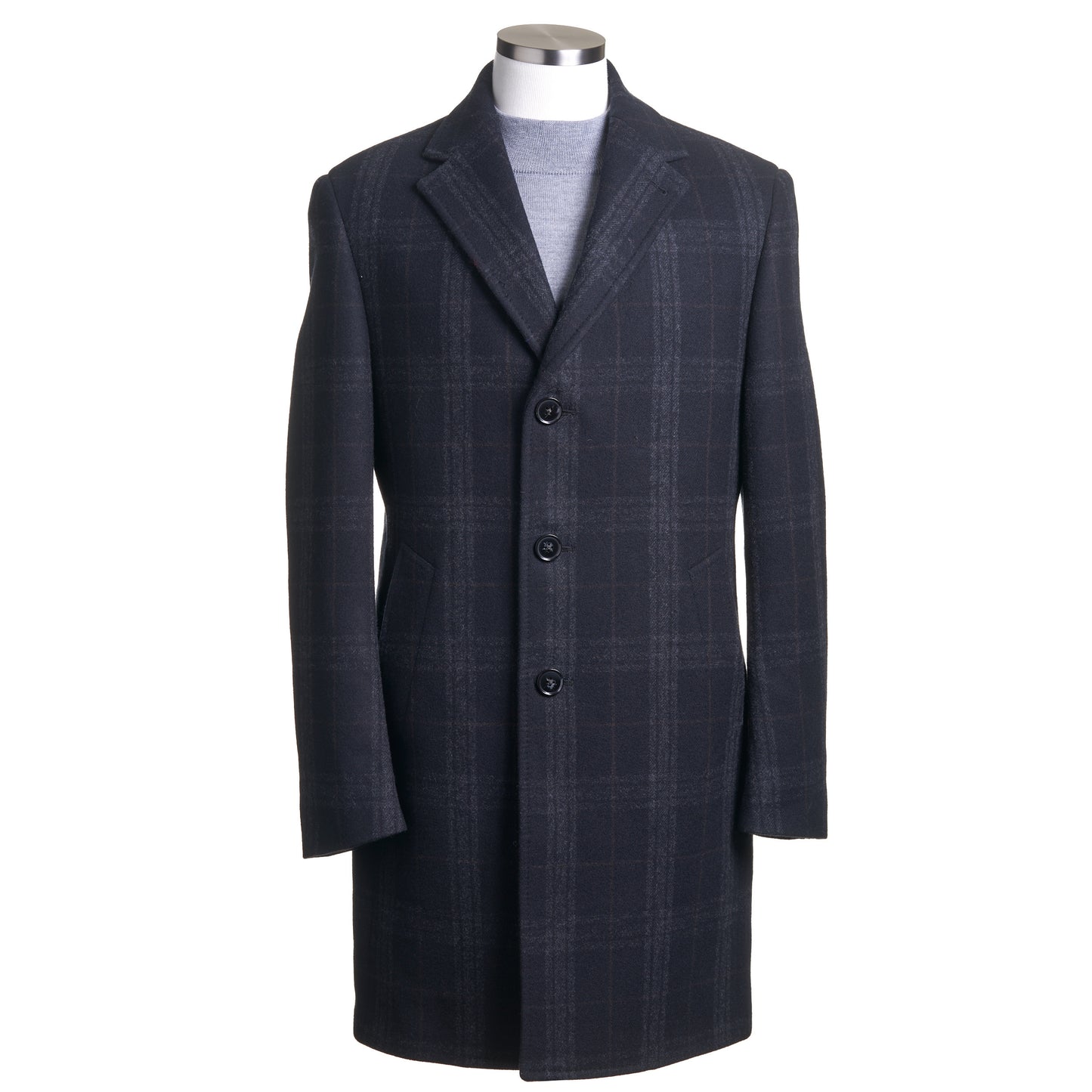 Uomo 100% Wool Plaid Top Coat - Black-Light Gray & Brown