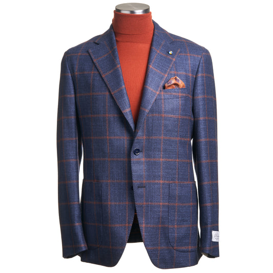 Belvest Wool, Silk & Cashmere Sport Coat in Navy & Orange Check