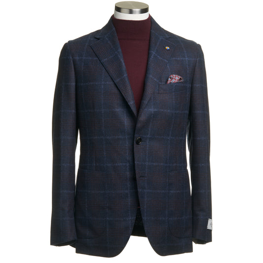 Belvest "Jacket in the Box" Wool Sport Coat in Blue and Maroon Windowpane