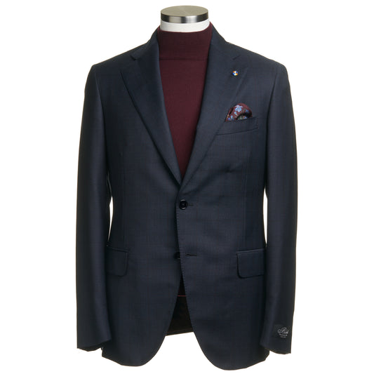 Belvest Super 130's Wool Suit in Navy Blue with Maroon Check