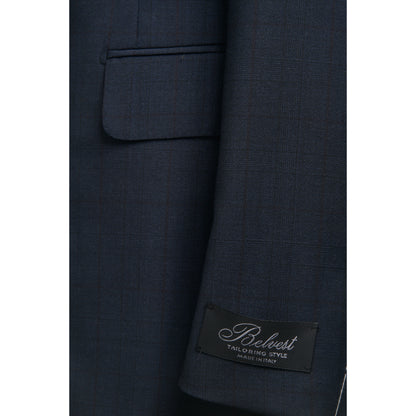 Belvest Super 130's Wool Suit in Navy Blue with Maroon Check