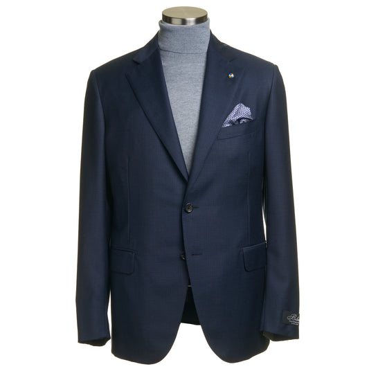 Belvest Super 130's Wool Suit in Mid Blue with Maroon Micro Check