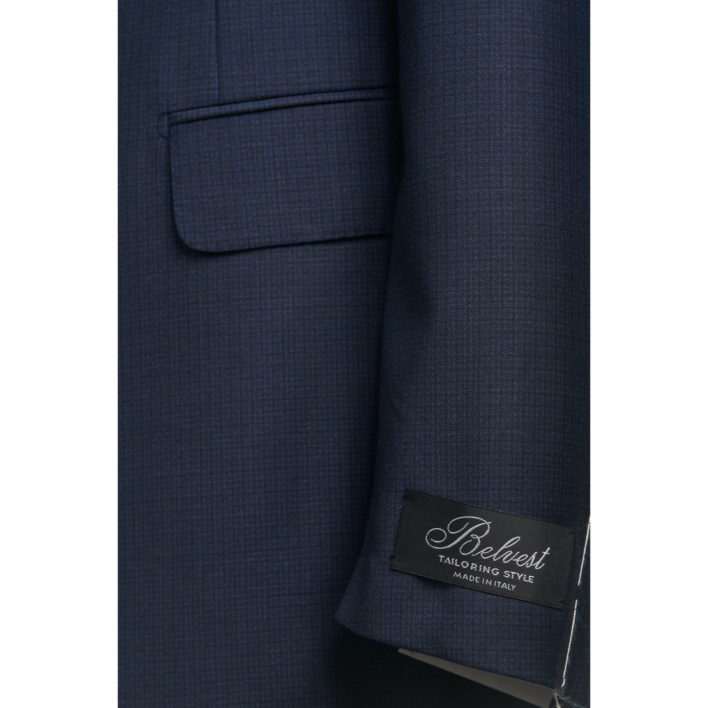 Belvest Super 130's Wool Suit in Mid Blue with Maroon Micro Check