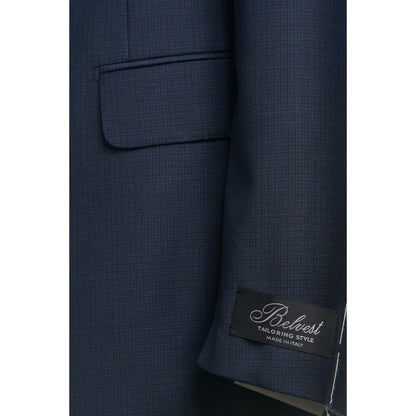 Belvest Super 130's Wool Suit in Mid Blue with Maroon Micro Check