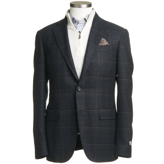 Canali Kei Model Wool Sport Coat in Dark Gray & Mocha Windowpane
