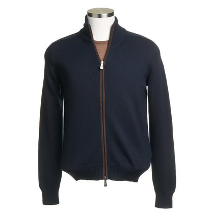 Gran Sasso Wool Full-Zip Jacket in Navy with Brown Elbow Patch