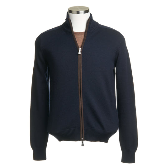 Gran Sasso Wool Full-Zip Jacket in Navy with Brown Elbow Patch