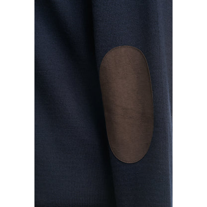 Gran Sasso Wool Full-Zip Jacket in Navy with Brown Elbow Patch