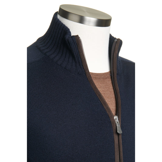 Gran Sasso Wool Full-Zip Jacket in Navy with Brown Elbow Patch