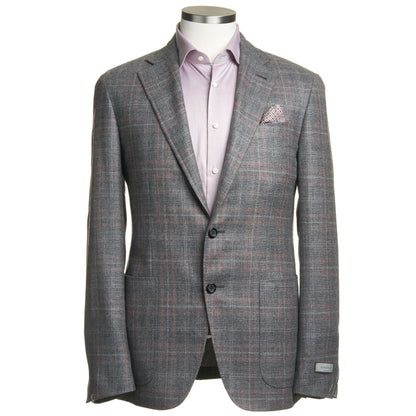 Canali Kei Model Wool, Silk & Cashmere Sport Coat in Light Grey with Coral Windowpane