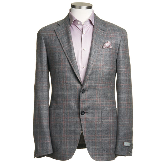 Canali Kei Model Wool, Silk & Cashmere Sport Coat in Light Grey with Coral Windowpane