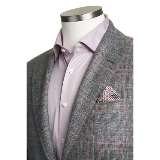 Canali Kei Model Wool, Silk & Cashmere Sport Coat in Light Grey with Coral Windowpane