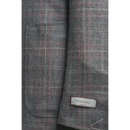 Canali Kei Model Wool, Silk & Cashmere Sport Coat in Light Grey with Coral Windowpane