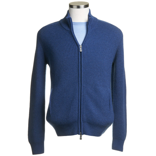 Gran Sasso Wool & Cashmere Ribbed Full Zipped Cardigan in Royal Blue