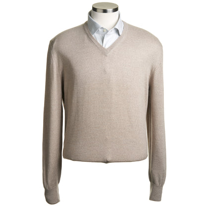 Gran Sasso Extra Fine Merino Wool V-Neck Sweater in Taupe