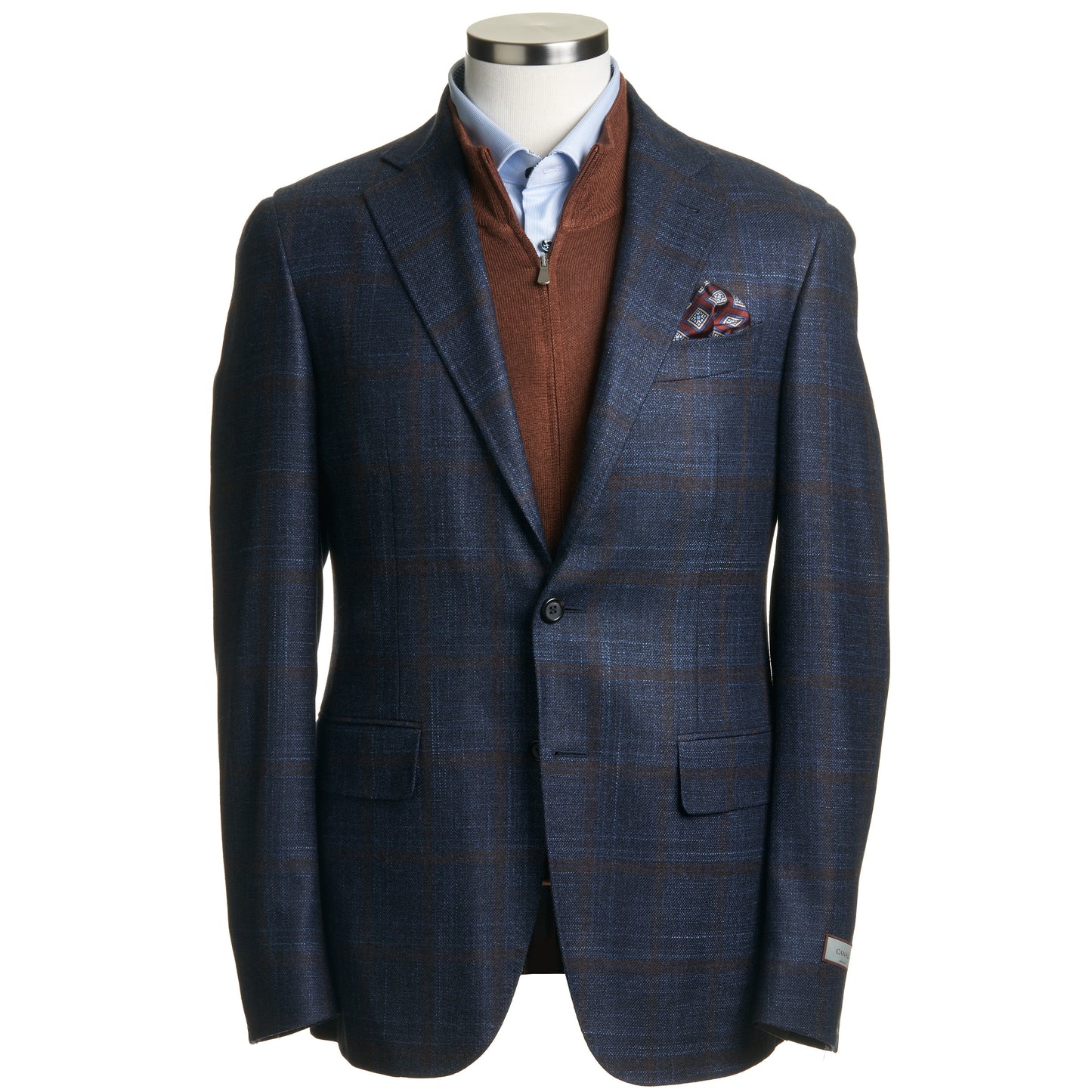 Canali Kei Model Wool, Silk & Cashmere Sport Coat in Blue with Rust Windowpane