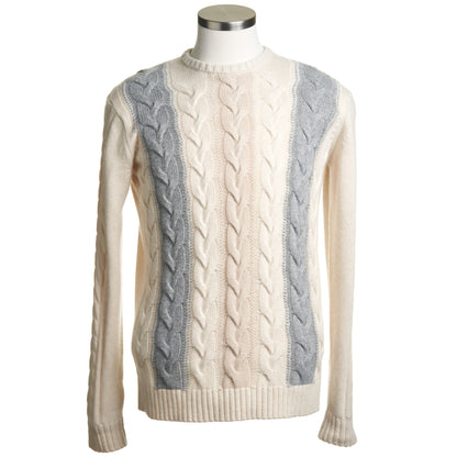 Codice Ivory Crew neck Cable Knit Sweater with Grey and Beige Details