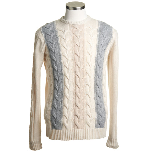 Codice Ivory Crew neck Cable Knit Sweater with Grey and Beige Details