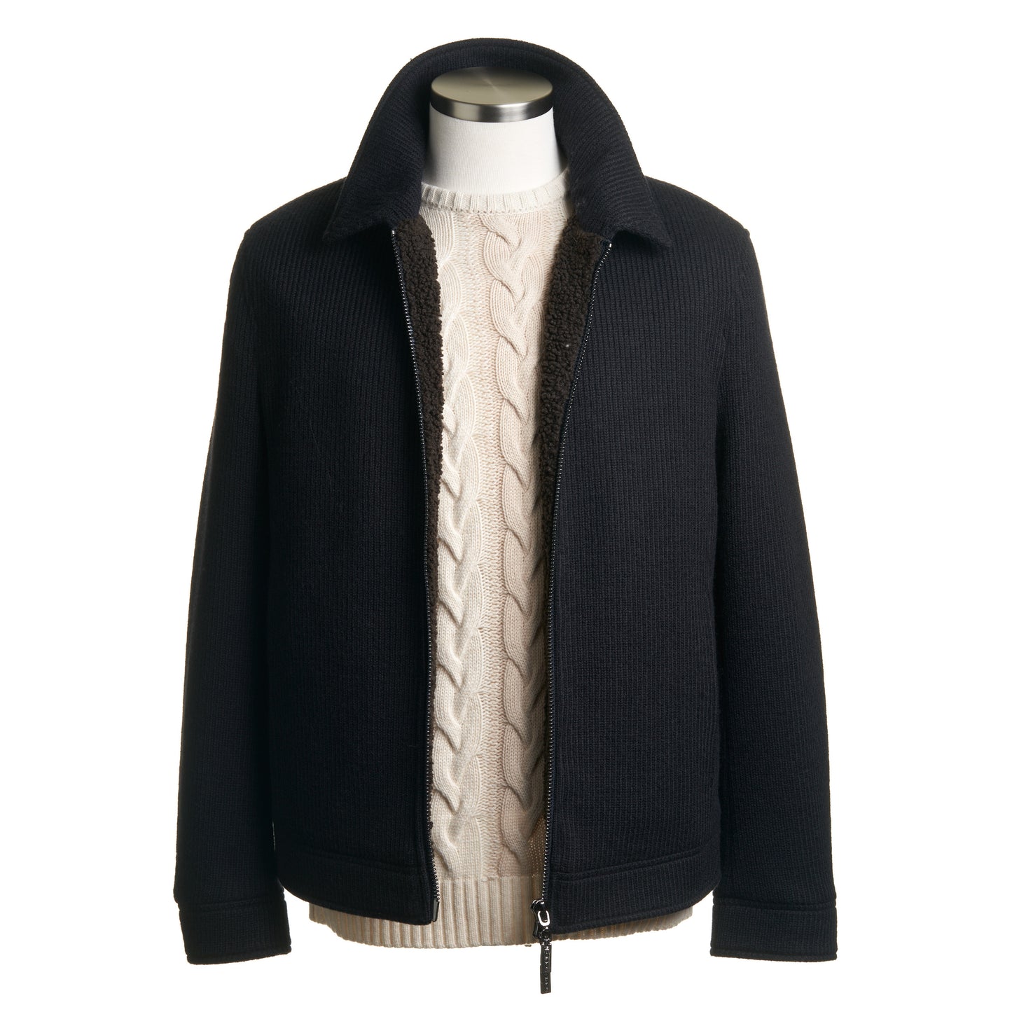 Gimo’s Wool Knit Bomber Jacket in Navy Blue