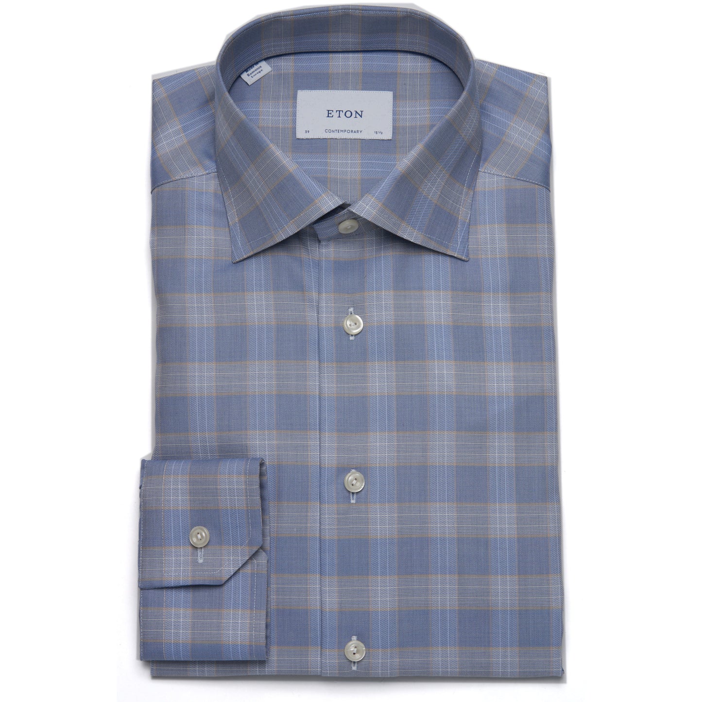 Eton Shirt in Light Blue with Ochre Check – Contemporary Fit