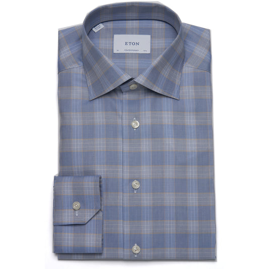 Eton Shirt in Light Blue with Ochre Check – Contemporary Fit