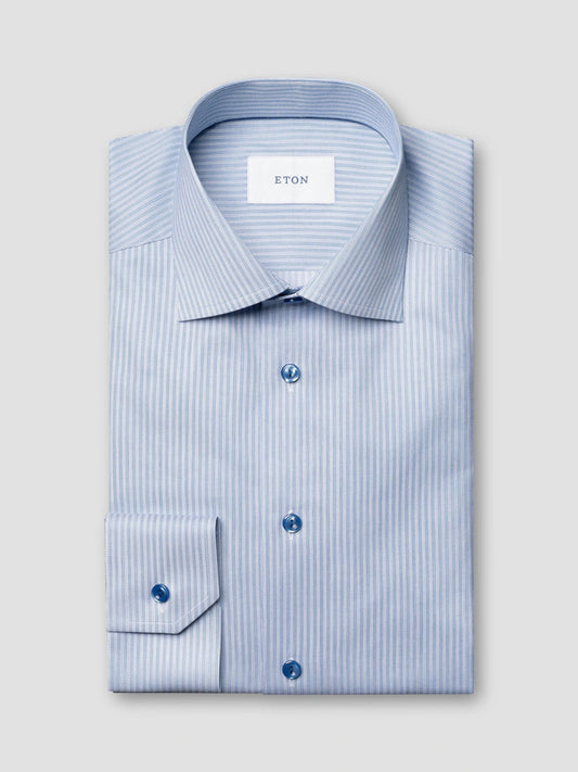 Eton Striped Blue Signature Twill Shirt with Contrast Buttons in Slim Fit