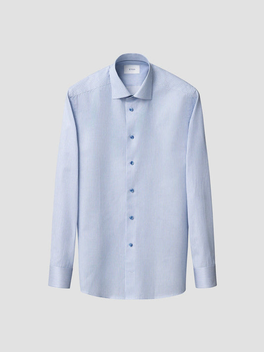 Eton Striped Blue Signature Twill Shirt with Contrast Buttons in Slim Fit