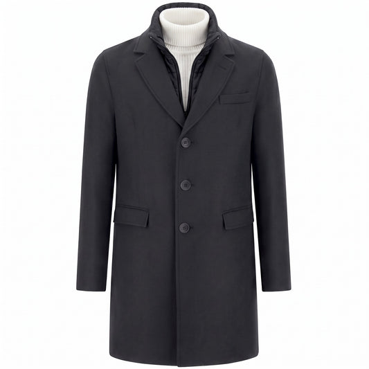 Herno Diagonal Wool Blend Topcoat with Detachable Nylon Bib in Navy