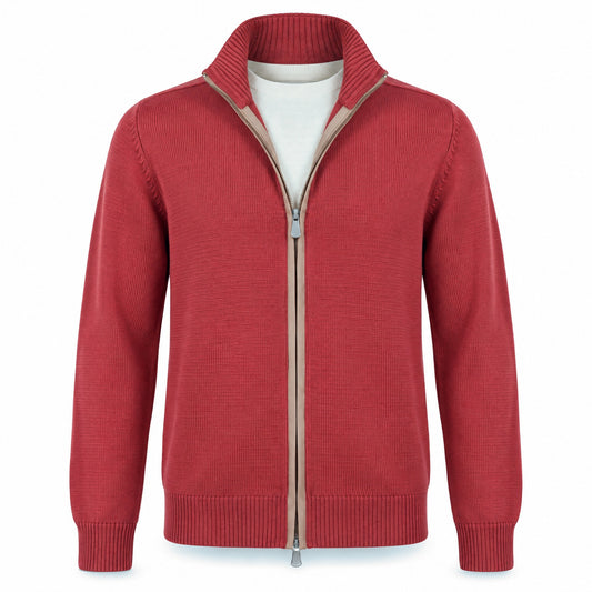 Gran Sasso Wool Full-Zip Jacket in Burnt Orange with Brown Elbow Patches