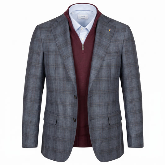 Belvest "Jacket in the Box" 100% Cashmere Sport Coat Prince of Wales in Mid Blue and Maroonn