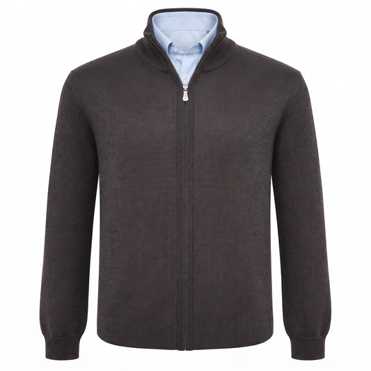 Gran Sasso Merino Wool Full-Zip Sweater in Espresso