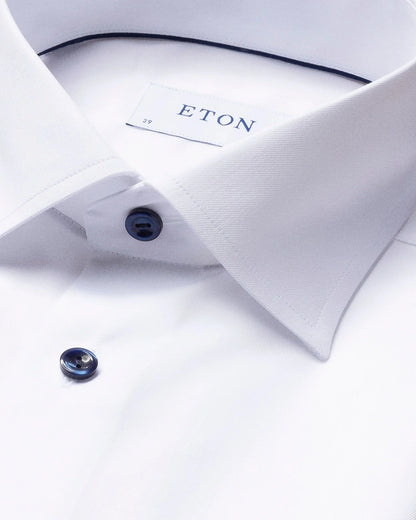 Eton Signature Twill Dress Shirt in White with Navy Details