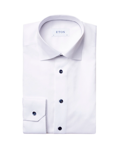 Eton Signature Twill Dress Shirt in White with Navy Details