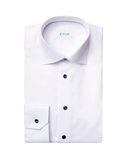 Eton Signature Twill Dress Shirt in White with Navy Details
