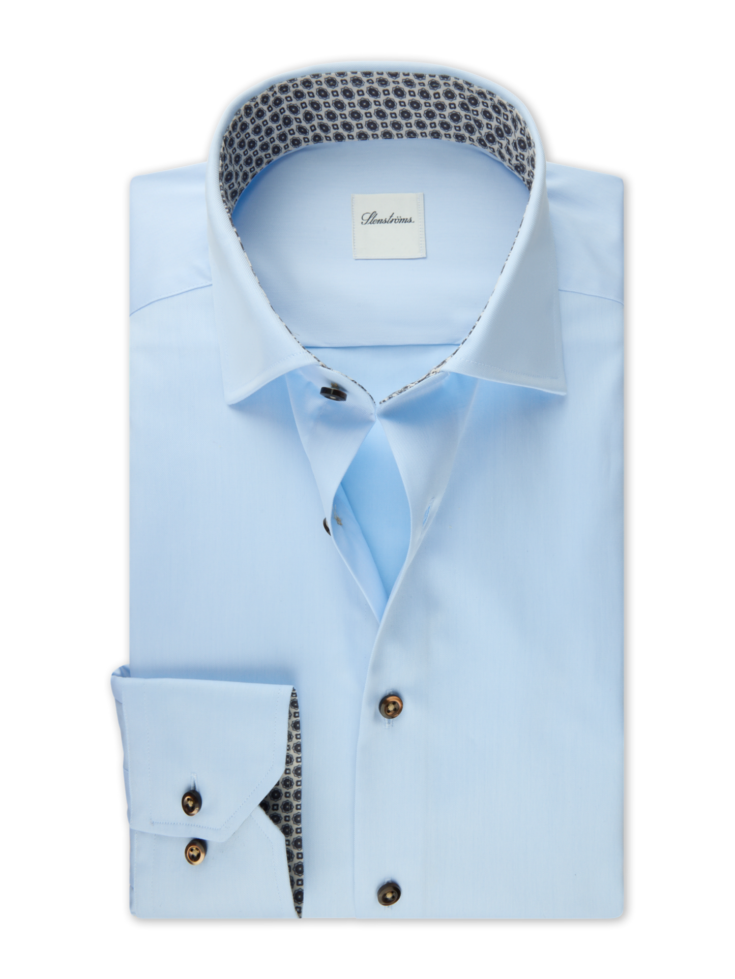 Stenströms Light Blue Twill Shirt with Brown Contrast Buttons in Slim Fit