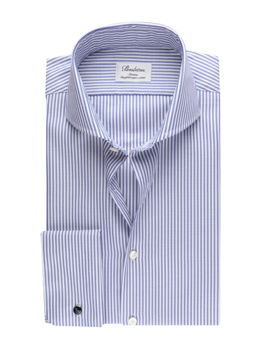 Stenstroms Light Blue Striped Twill French Cuff Dress Shirt